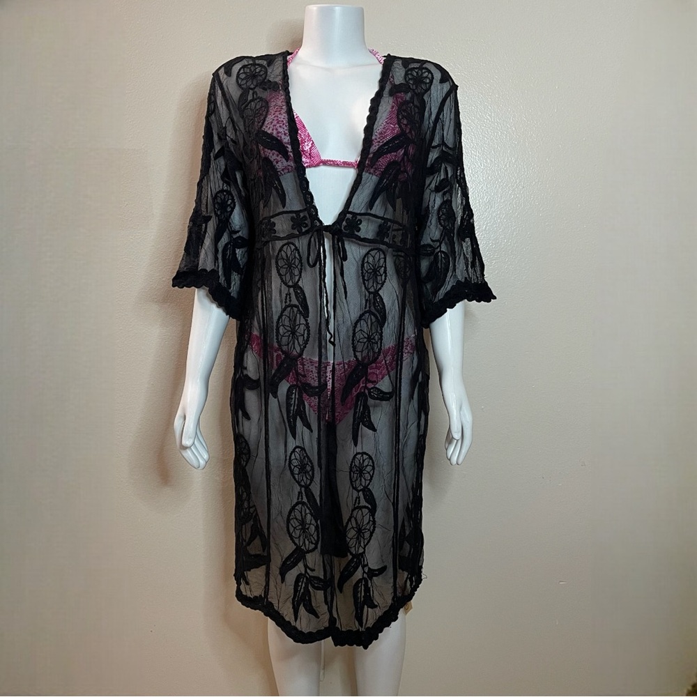 Black embroidered dream catcher lace beach cover up kimono
